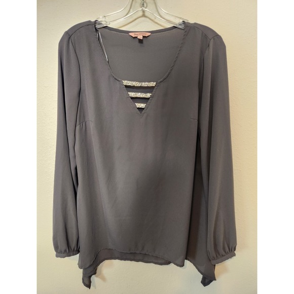 Juicy Couture Womens Gray Embellished‎ Rhinestone Chiffon V-Neck Blouse Medium - Picture 1 of 9